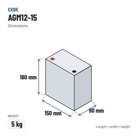 Batteria moto Exide AGM12-15 12V 14Ah 215A AGM – dimensioni 150 × 90 × 160 mm