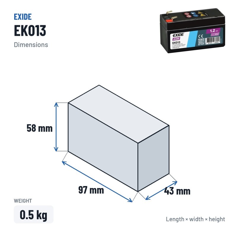 Car battery Exide EK013 12V 1.2Ah 18A AGM – dimensions 97 × 43 × 58 mm
