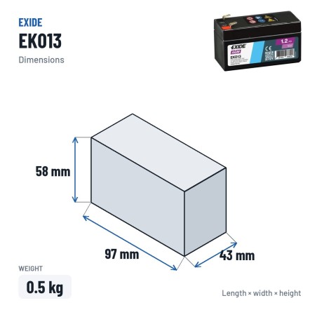 Car battery Exide EK013 12V 1.2Ah 18A AGM – dimensions 97 × 43 × 58 mm