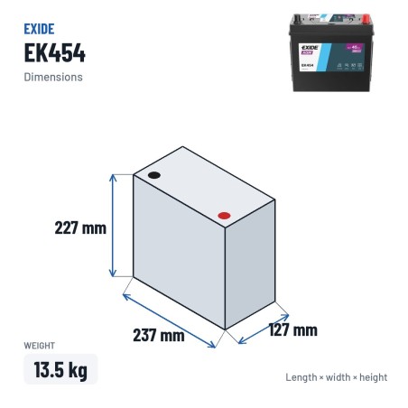 Batterie auxiliaire Exide EK454 12V 45Ah 380A AGM – dimensions 237 × 127 × 227 mm