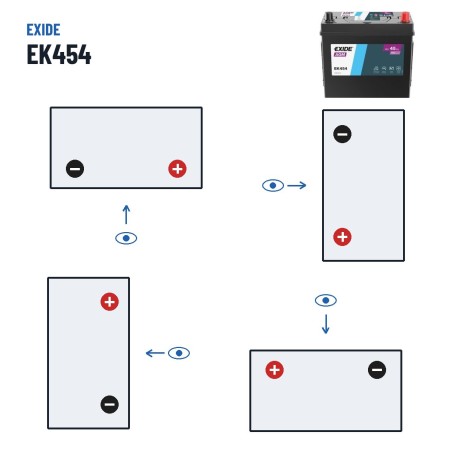 Batterie auxiliaire Exide EK454 12V 45Ah 380A AGM – polarité (schéma 0, + à droite)