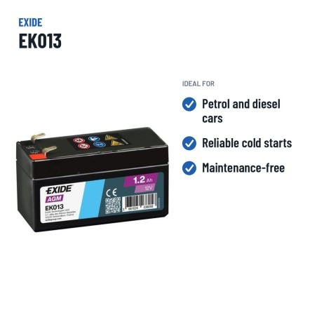 Car battery Exide EK013 12V 1.2Ah 18A AGM – recommended uses