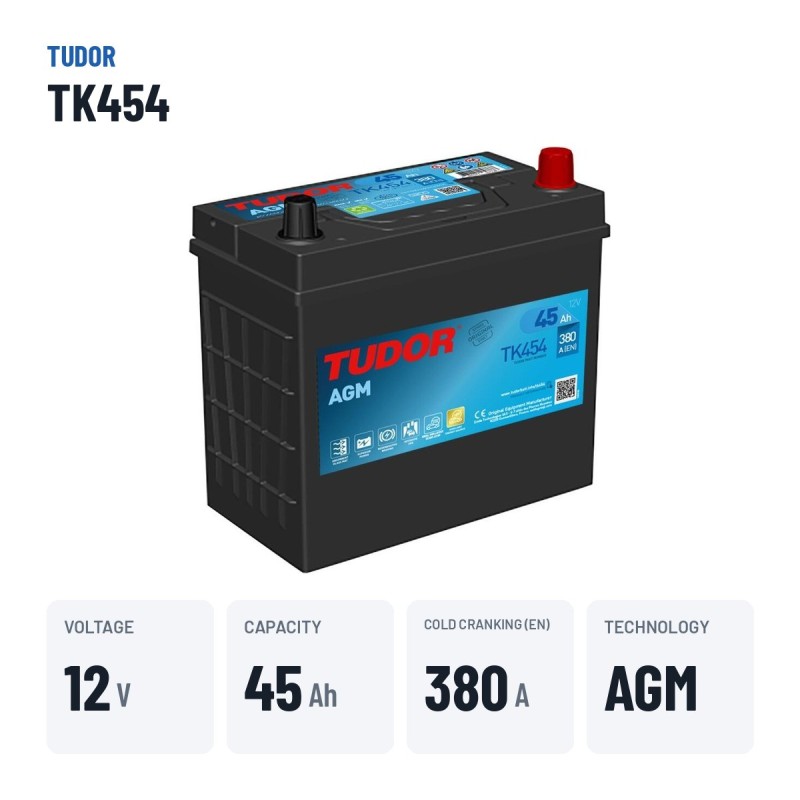 Batería auxiliar Tudor TK454 12V 45Ah 380A AGM – datos clave