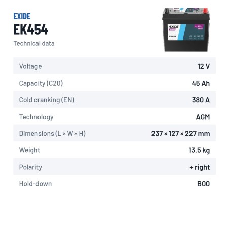 Batterie auxiliaire Exide EK454 12V 45Ah 380A AGM – fiche technique