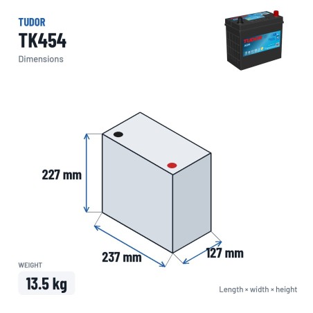 Zusatzbatterie Tudor TK454 12V 45Ah 380A AGM – Abmessungen 237 × 127 × 227 mm