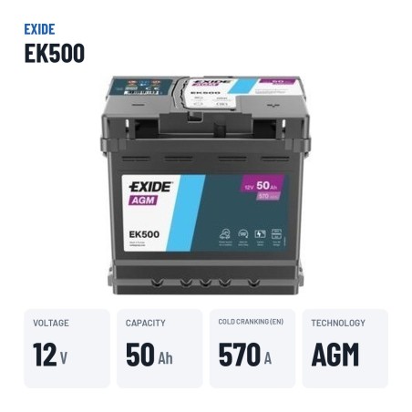 Bateria Start-Stop Exide EK500 12V 50Ah 570A AGM – dados principais