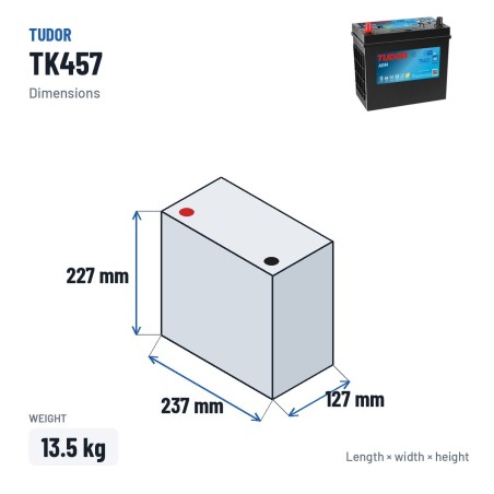 Batería auxiliar Tudor TK457 12V 45Ah 380A AGM – medidas 237 × 127 × 227 mm