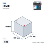 Batterie Start-Stop Exide EK500 12V 50Ah 570A AGM – dimensions 207 × 175 × 190 mm
