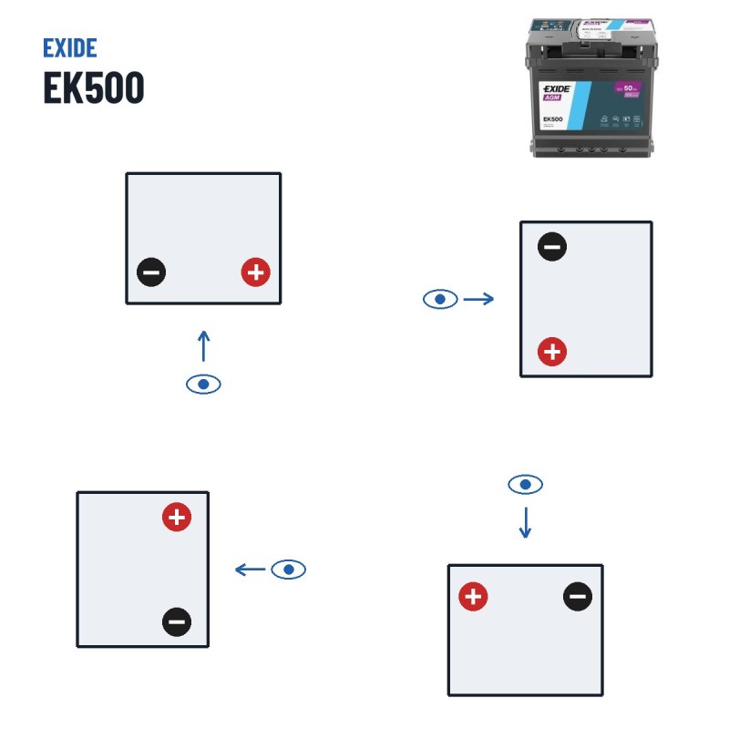Start-Stop battery Exide EK500 12V 50Ah 570A AGM – polarity (layout 0, + right)