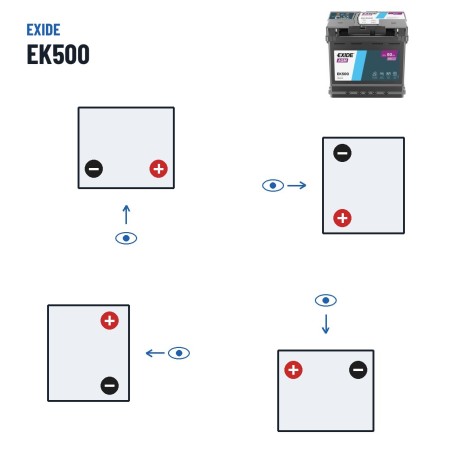 Batterie Start-Stop Exide EK500 12V 50Ah 570A AGM – polarité (schéma 0, + à droite)
