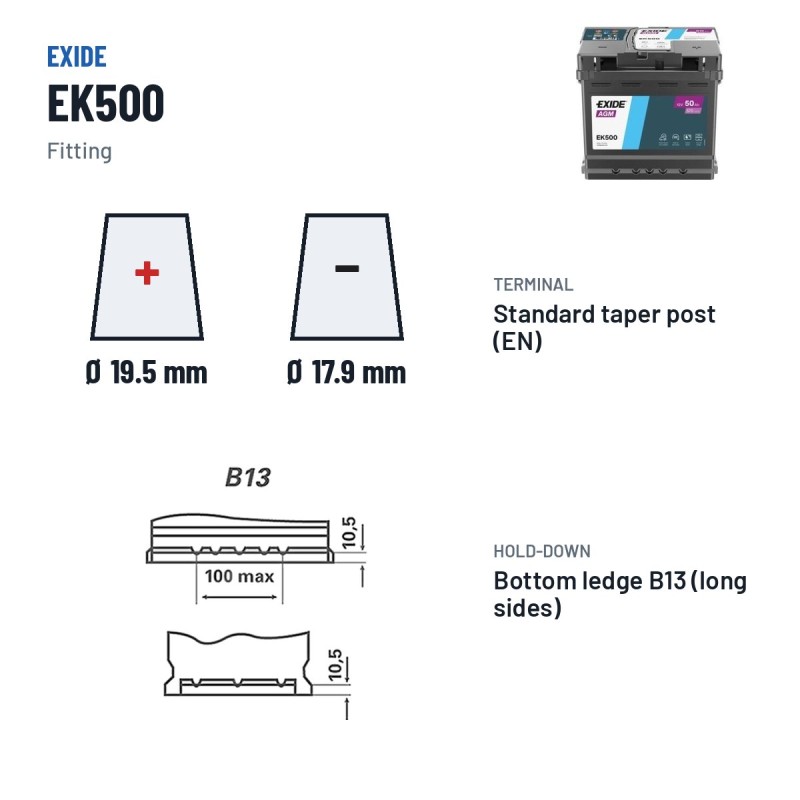 Batterie Start-Stop Exide EK500 12V 50Ah 570A AGM – bornes et fixation