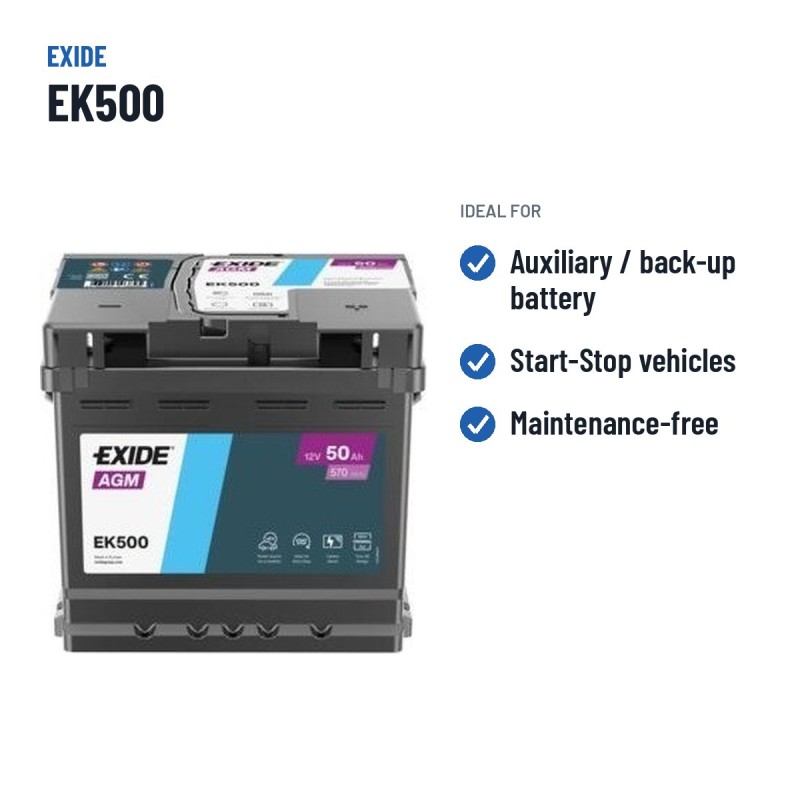 Bateria Start-Stop Exide EK500 12V 50Ah 570A AGM – utilizações recomendadas