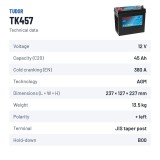 Batería auxiliar Tudor TK457 12V 45Ah 380A AGM – ficha técnica