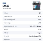 Bateria Start-Stop Exide EK500 12V 50Ah 570A AGM – ficha técnica