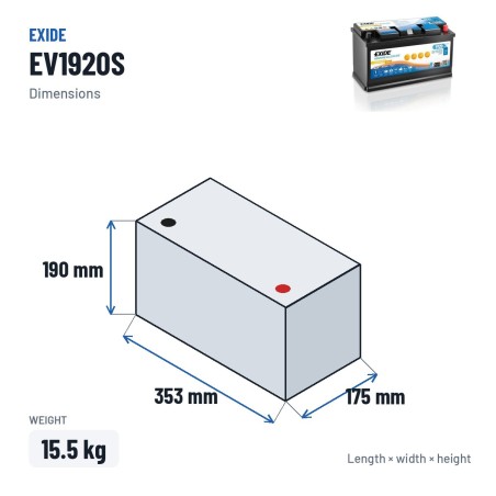 Batterie marine Exide EV1920S 12V 150Ah Li-Ion – dimensions 353 × 175 × 190 mm