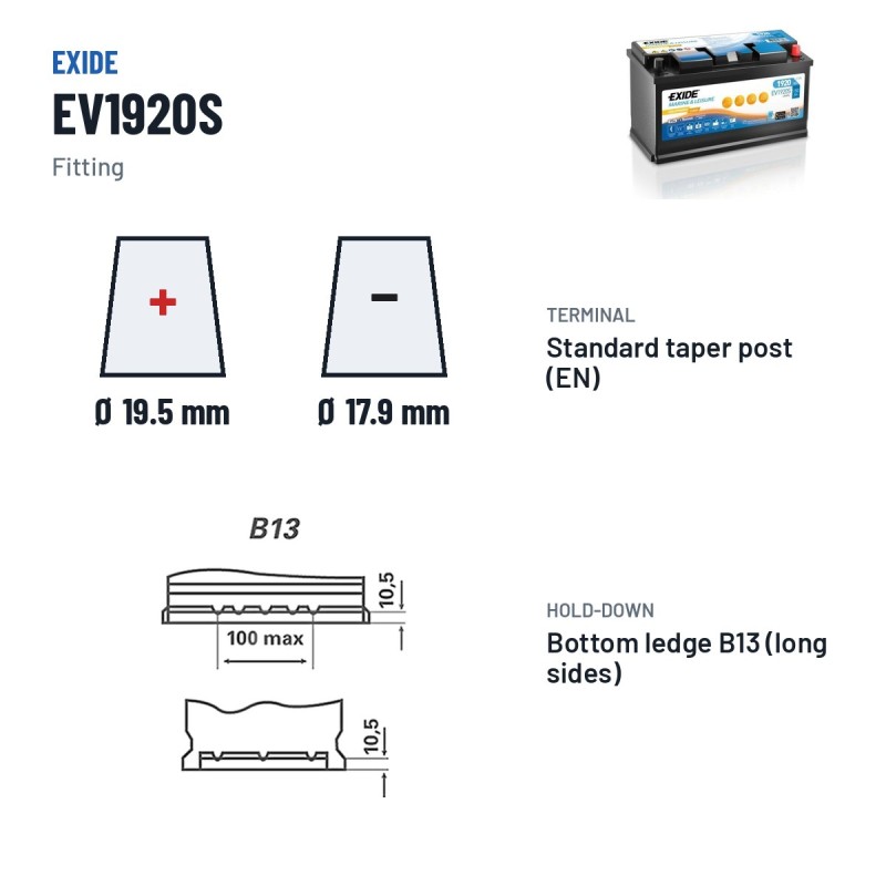 Batterie marine Exide EV1920S 12V 150Ah Li-Ion – bornes et fixation