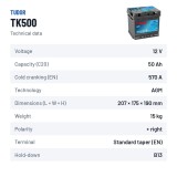 Bateria Start-Stop Tudor TK500 12V 50Ah 570A AGM – ficha técnica