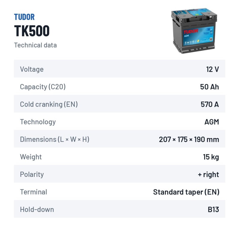 Bateria Start-Stop Tudor TK500 12V 50Ah 570A AGM – ficha técnica
