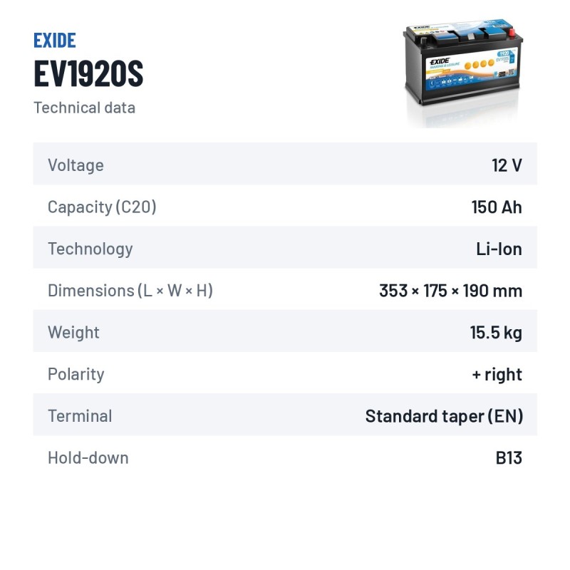 Batterie marine Exide EV1920S 12V 150Ah Li-Ion – fiche technique