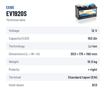 Batterie marine Exide EV1920S 12V 150Ah Li-Ion – fiche technique