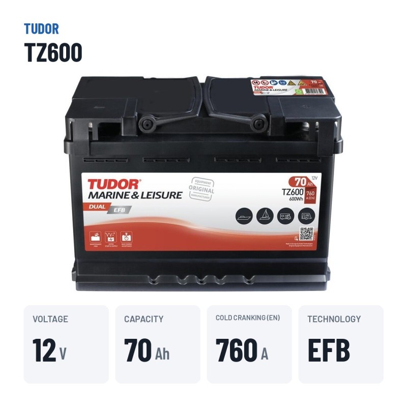 Batterie marine Tudor TZ600 12V 70Ah 760A EFB – caractéristiques clés