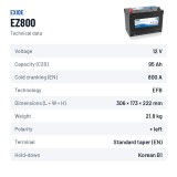 Batterie marine Exide EZ800 12V 95Ah 800A EFB – fiche technique