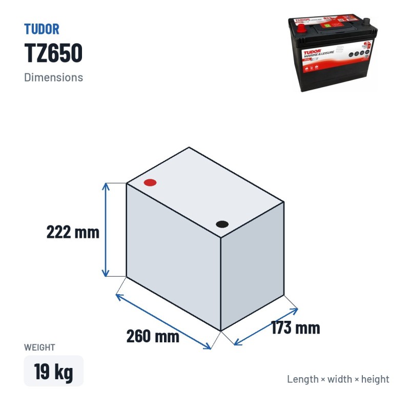 Batteria nautica Tudor TZ650 12V 75Ah 750A EFB – dimensioni 260 × 173 × 222 mm