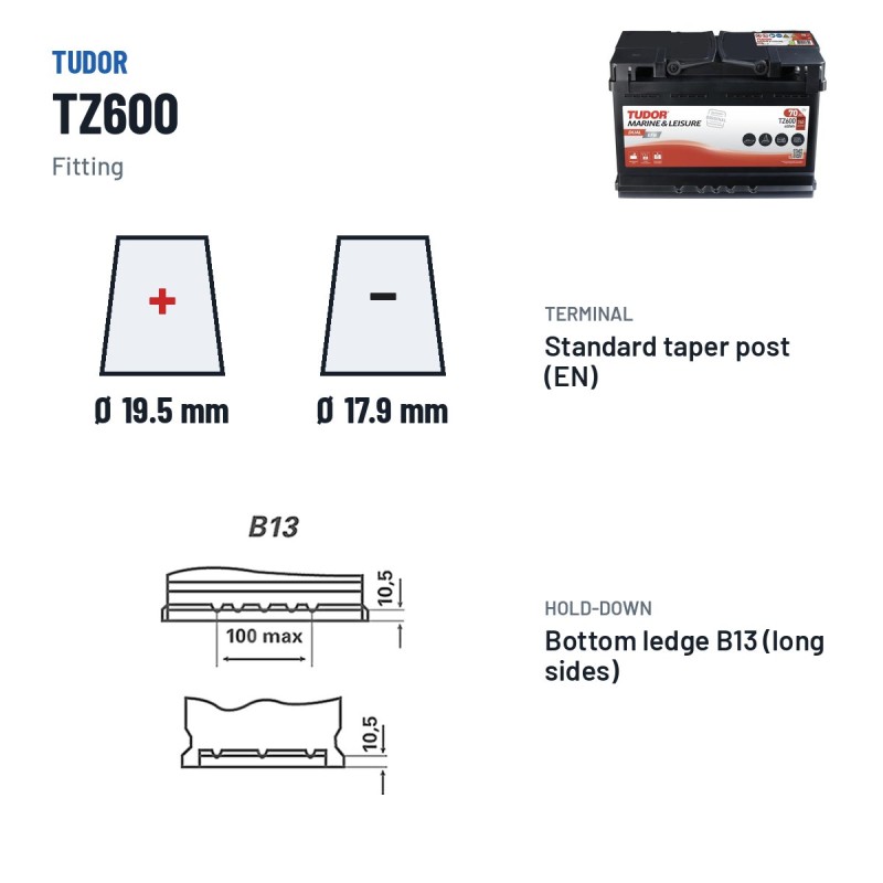 Marine battery Tudor TZ600 12V 70Ah 760A EFB – terminal and hold-down