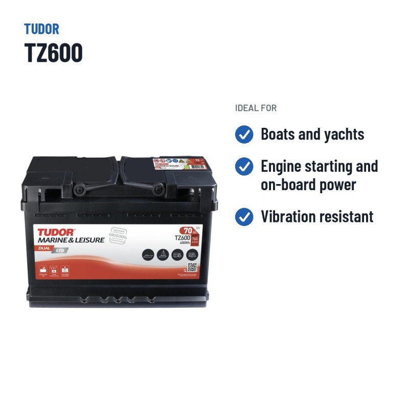 Bateria náutica Tudor TZ600 12V 70Ah 760A EFB – utilizações recomendadas