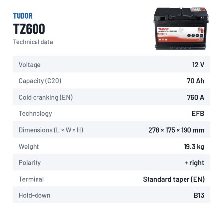 Batterie marine Tudor TZ600 12V 70Ah 760A EFB – fiche technique