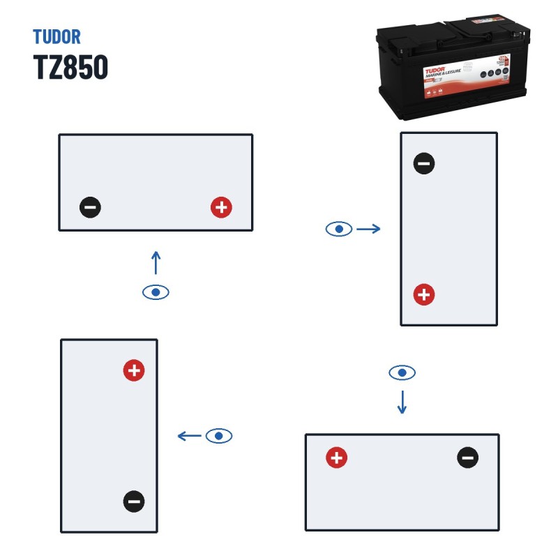 Batería náutica Tudor TZ850 12V 100Ah 900A EFB – polaridad (esquema 0, + derecha)