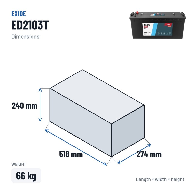 Batteria camion Exide ED2103T 12V 210Ah 800A GEL – dimensioni 518 × 274 × 240 mm