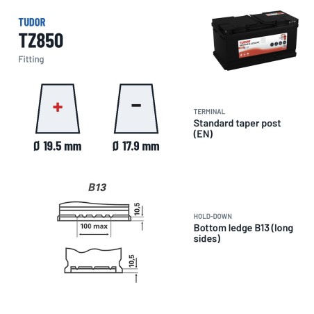 Batteria nautica Tudor TZ850 12V 100Ah 900A EFB – terminali e fissaggio