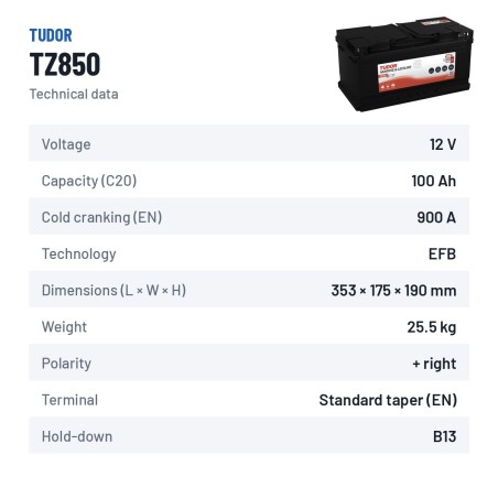 Batteria nautica Tudor TZ850 12V 100Ah 900A EFB – scheda tecnica