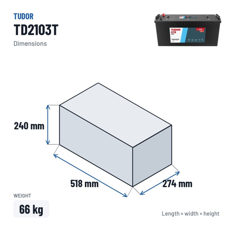 LKW-Batterie Tudor TD2103T 12V 210Ah 800A GEL – Abmessungen 518 × 274 × 240 mm