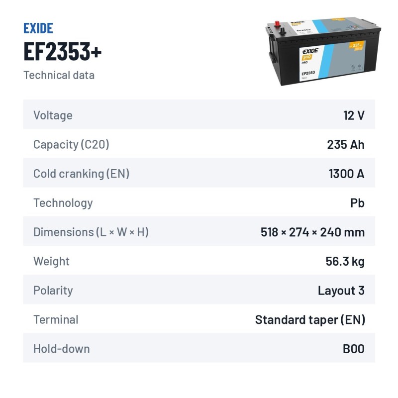 Batteria camion Exide EF2353+ 12V 235Ah 1300A – scheda tecnica