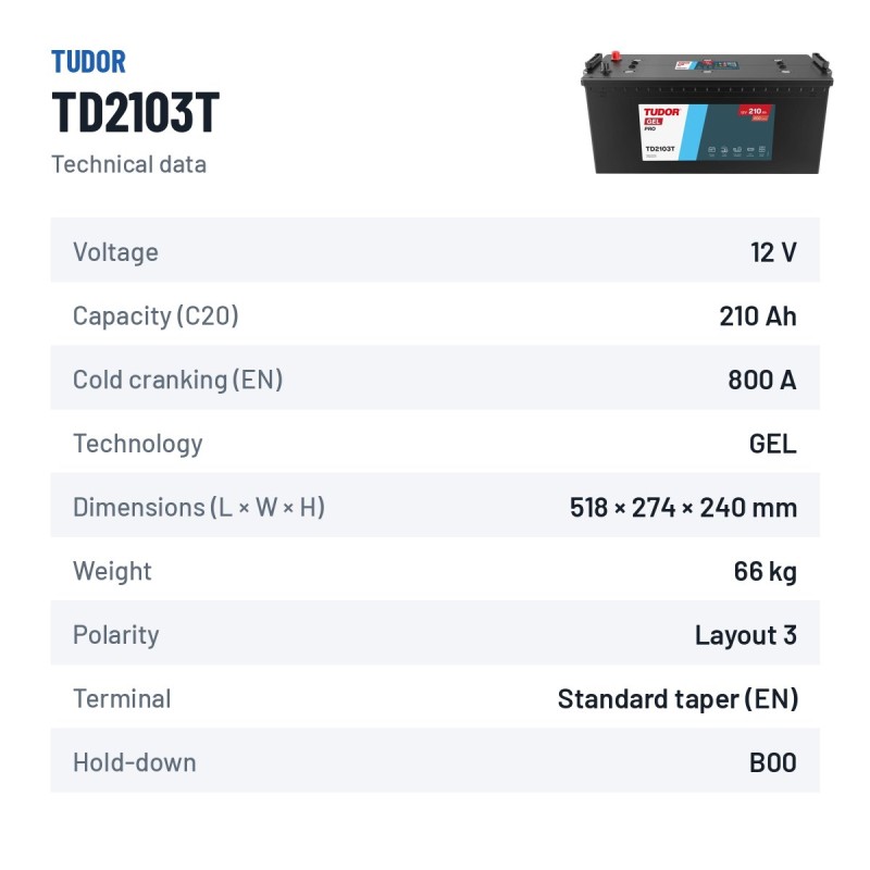 LKW-Batterie Tudor TD2103T 12V 210Ah 800A GEL – technische Daten