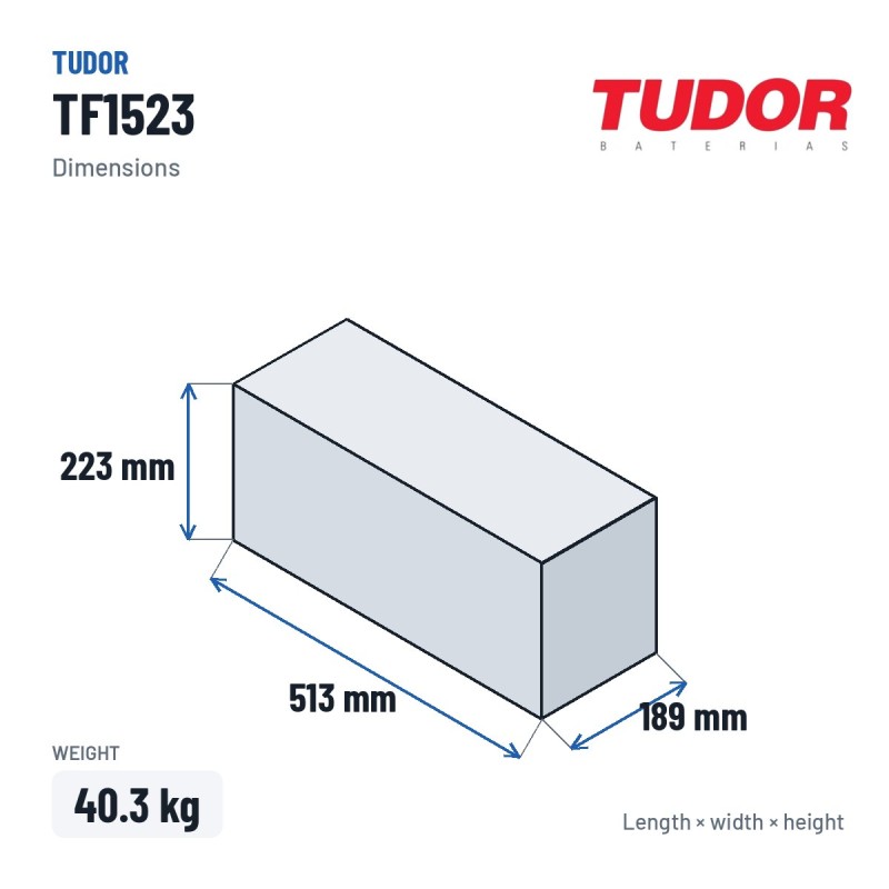 Batterie camion Tudor TF1523 12V 152Ah 1130A – dimensions 513 × 189 × 223 mm