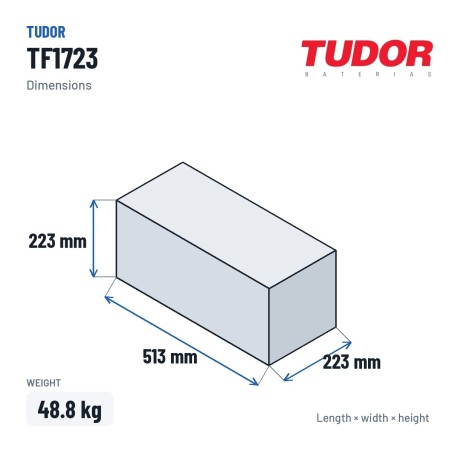 Bateria de camião Tudor TF1723 12V 172Ah 1390A – medidas 513 × 223 × 223 mm