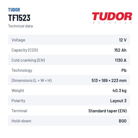 Batterie camion Tudor TF1523 12V 152Ah 1130A – fiche technique
