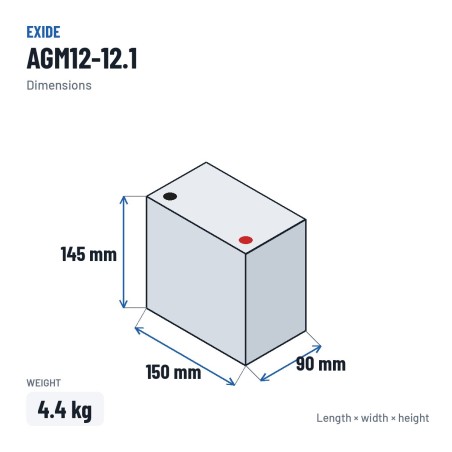 Batterie moto Exide AGM12-12.1 12V 12Ah 200A AGM – dimensions 150 × 90 × 145 mm