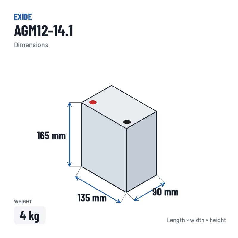 Batterie moto Exide AGM12-14.1 12V 12Ah 210A AGM – dimensions 135 × 90 × 165 mm