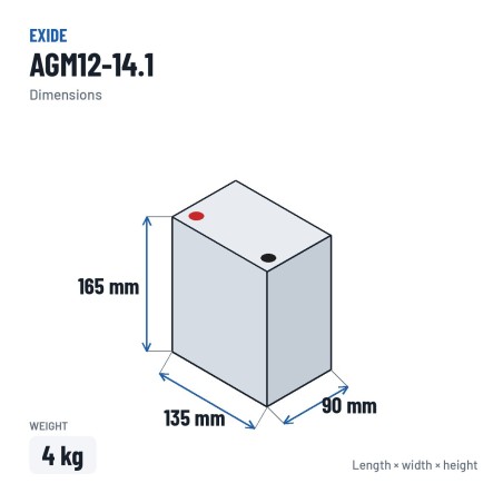 Batterie moto Exide AGM12-14.1 12V 12Ah 210A AGM – dimensions 135 × 90 × 165 mm