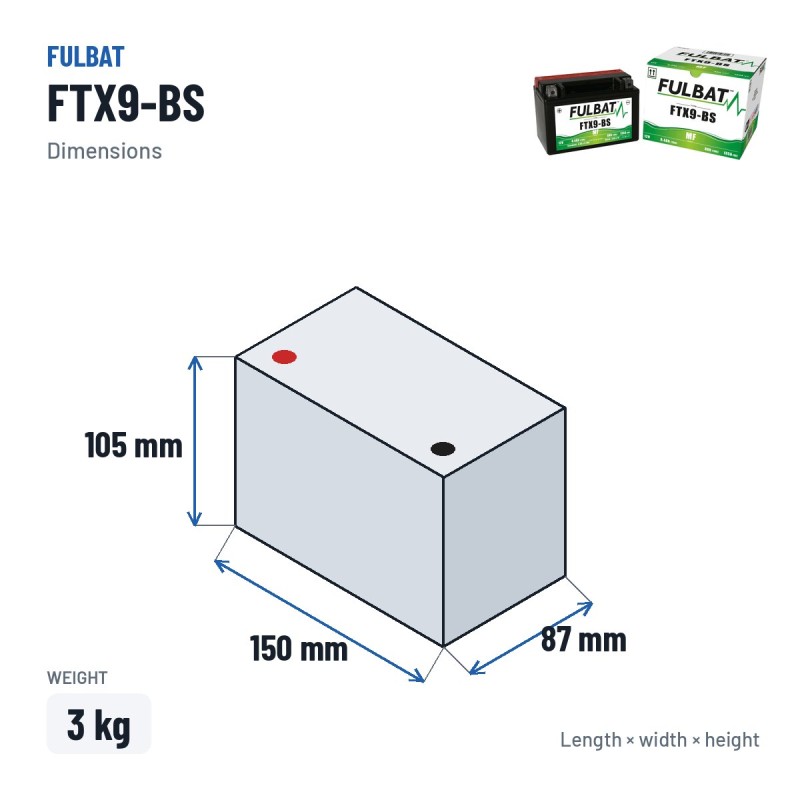 Batteria moto Fulbat FTX9-BS 12V 8.4Ah 135A AGM – dimensioni 150 × 87 × 105 mm