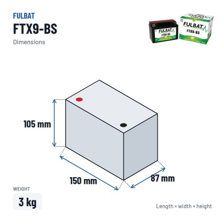 Batería de moto Fulbat FTX9-BS 12V 8.4Ah 135A AGM – medidas 150 × 87 × 105 mm