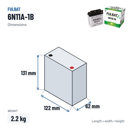 Motorcycle battery Fulbat 6N11A-1B 6V 11.6Ah 90A – dimensions 122 × 62 × 131 mm