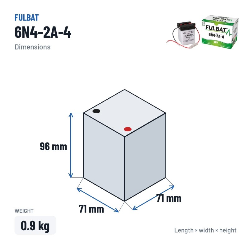 Bateria de mota Fulbat 6N4-2A-4 6V 4.2Ah 25A – medidas 71 × 71 × 96 mm