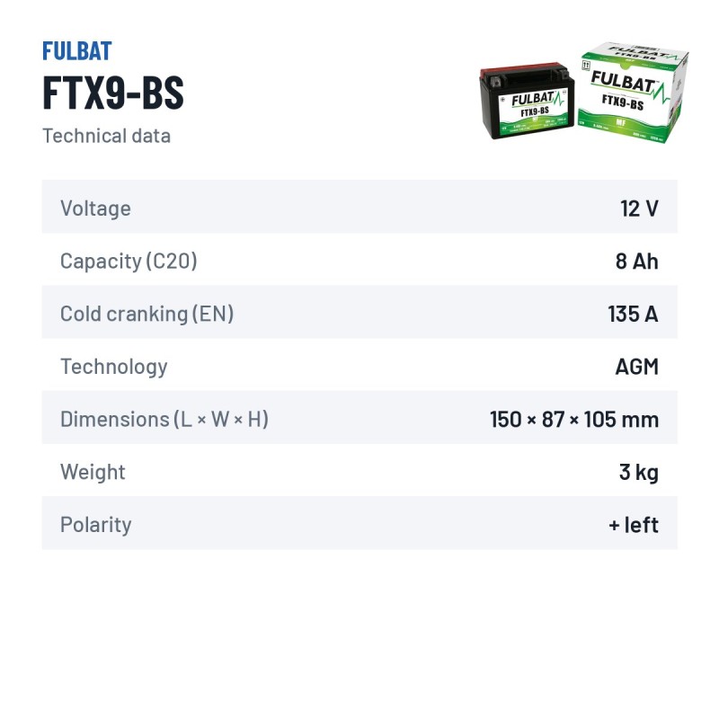 Batteria moto Fulbat FTX9-BS 12V 8.4Ah 135A AGM – scheda tecnica