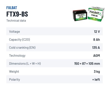 Batterie moto Fulbat FTX9-BS 12V 8.4Ah 135A AGM – fiche technique