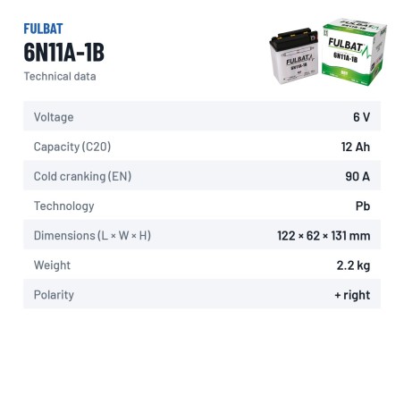 Motorcycle battery Fulbat 6N11A-1B 6V 11.6Ah 90A – technical data